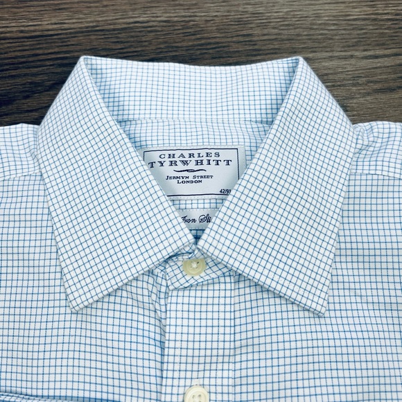 Charles Tyrwhitt White w/ Blue Check French Cuff Slim Dress Shirt 16.5-36 - Picture 2 of 3